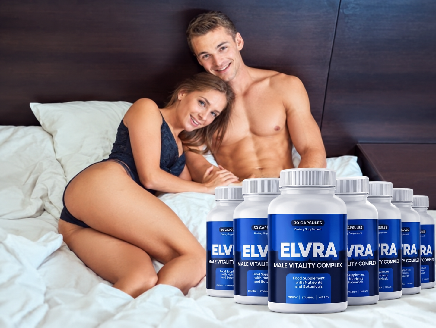 Supplied Elvra promotional image showing a couple and several Male Vitality Complex bottles